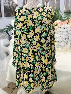 Who What Wear Black Floral Blouse with Yellow Pink and Green Accents